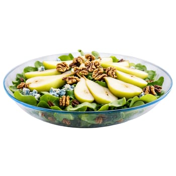 Pear salad with mixed greens sliced pears crumbled blue cheese and candied walnuts drizzled with. Food isolated on transparent background