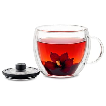 Sleek double walled glass tea mug with a built in infuser showcasing a vibrant red. Drink isolated on transparent background
