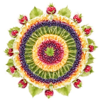 Jostaberry mandala a sweet mandala of jostaberries with leaves tossing and syrup swirling. Food isolated on transparent background.