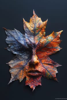 A leaf with a face drawn on it. The face is made of leaves and has a mouth and eyes. The leaf is orange and green