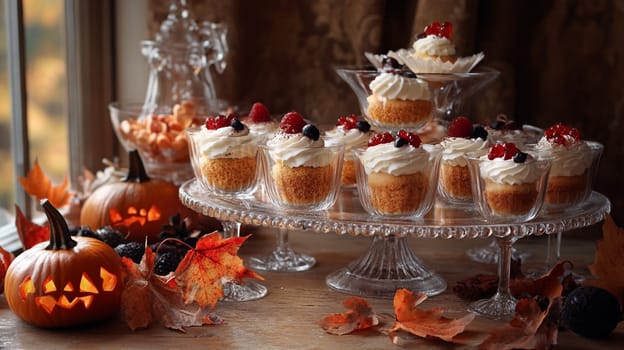A table with a pumpkin and a bunch of cupcakes. The pumpkin is carved with a scary face and the cupcakes are decorated with frosting and berries