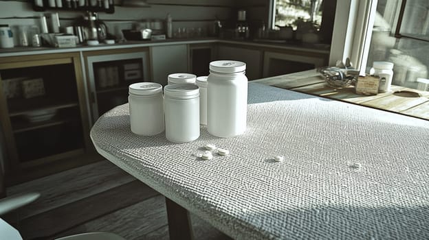 Several white pill bottles are sitting on a table in a kitchen, with a few pills lying next to them. The sun is shining through the window, casting a warm glow on the scene