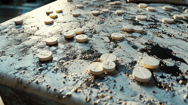 Close up of round white pills lying on a dirty surface, suggesting an abandoned medical facility or a scene of neglect and decay