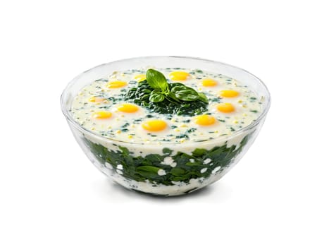 Stracciatella Soup with egg drop and spinach served in a transparent glass bowl comforting. Food isolated on transparent background.