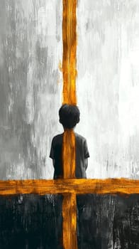 Abstract painting of a child looking at a golden cross, evoking themes of faith, hope, and the search for meaning in life