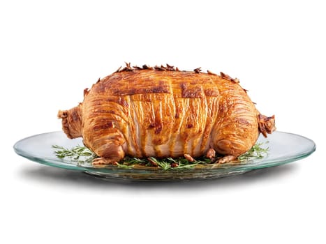 Porchetta roasted pork with crispy skin served on a transparent glass plate juicy and flavorful. Food isolated on transparent background.