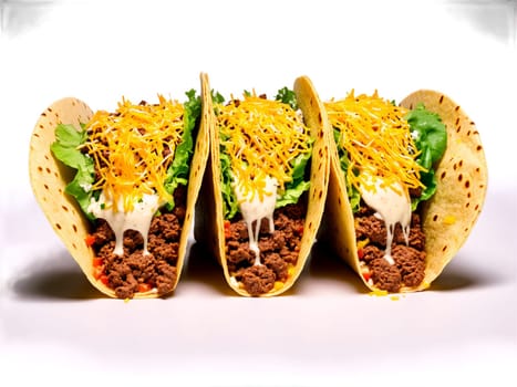 Tacos trio of tacos filled with seasoned ground beef lettuce and cheese against vibrant orange. Food isolated on transparent background.