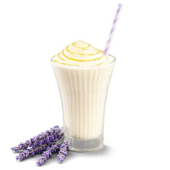 Lavender Honey Milkshake dried lavender honey swirl floral notes sophisticated Summer drink concept Final image. close-up milkshake drink, isolated on transparent background