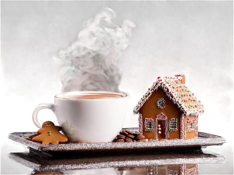 Christmas morning gingerbread house and a steaming cup of cocoa served on a transparent glass. Food isolated on transparent background.