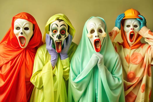 Four people dressed in scary costumes with ghost faces for Halloween on white background. Ai generated