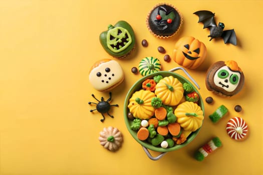 Flat lay pattern of halloween cookies and sweets. Halloween sweets yellow background. Ai generated
