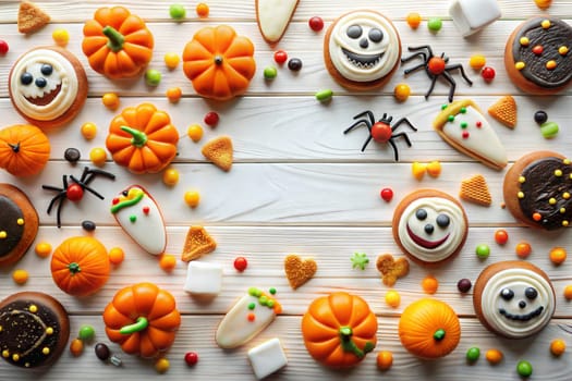 Flat lay pattern of halloween cookies and sweets. Halloween sweets white background. Ai generated