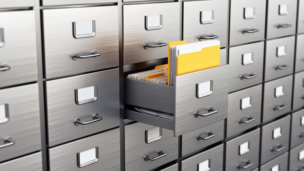 A drawer of a filing cabinet opens and a yellow folder is taken. 3D illustration.