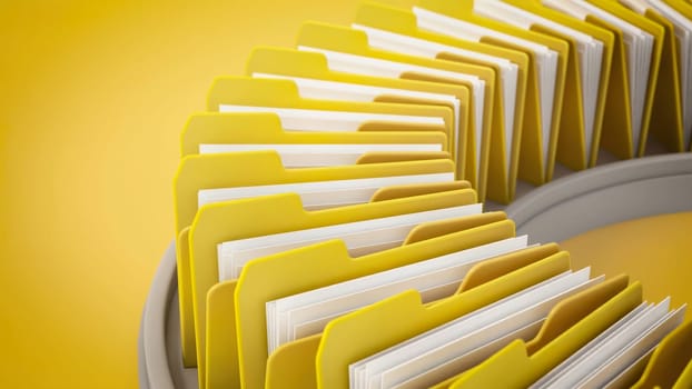 Spinning yellow file folders with blank papers. 3D illustration.