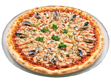 Frutti di Mare Pizza topped with assorted seafood garlic and tomato sauce served. Food isolated on transparent background.