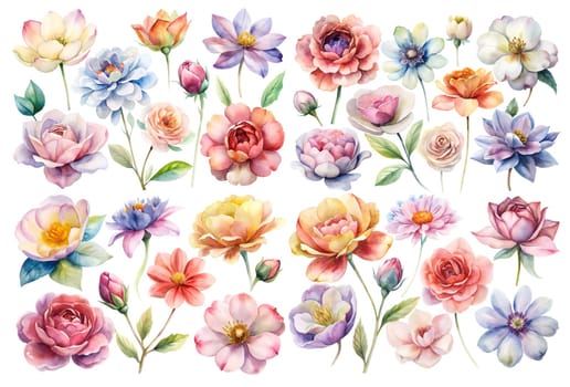 Set of various watercolor flowers isolated on white background. Ai generated image