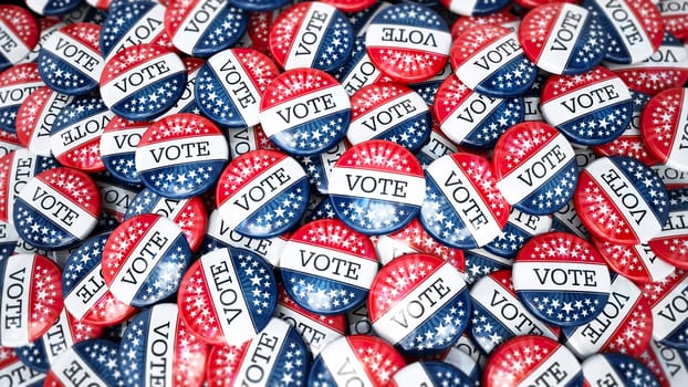 Large stack of vote badges with American flag colors. 3D illustration.