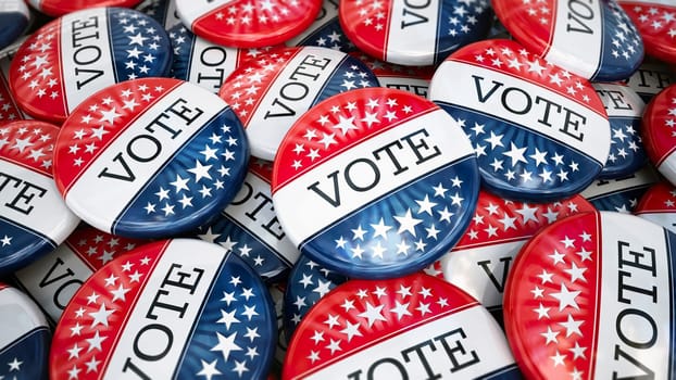 Large stack of vote badges with American flag colors. 3D illustration.