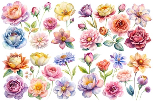 Set of various watercolor flowers isolated on white background. Ai generated image