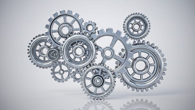 Metallic gears in various size and shapes rotating. 3D illustration.