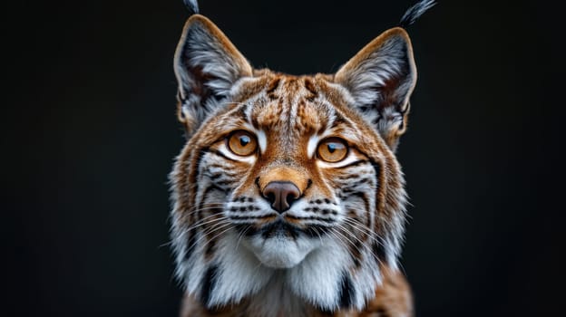 Portrait of a wild lynx forest cat on an isolated black background.