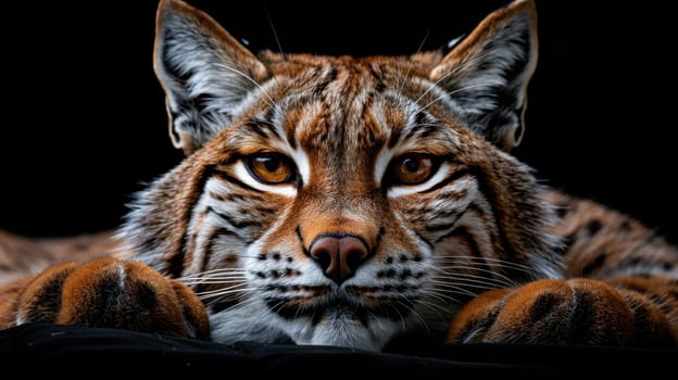 Portrait of a wild lynx forest cat on an isolated black background.