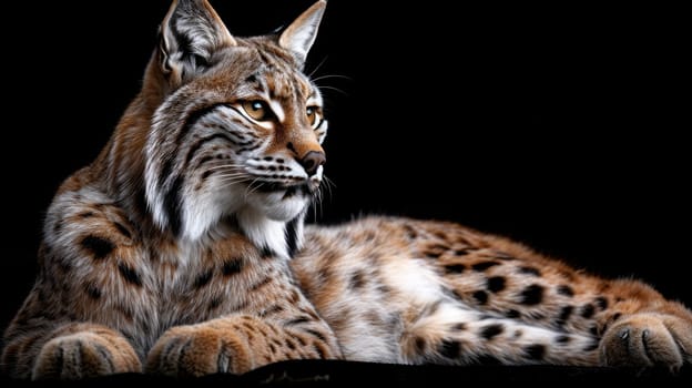 Portrait of a wild lynx forest cat on an isolated black background.