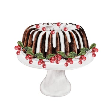 Christmas cake watercolor. Hand drawn traditional holiday chocolate cake. Clip art of pie on isolated white background. Ideal for cookbook and bakery menu. High quality photo