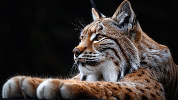 Portrait of a wild lynx forest cat on an isolated black background.