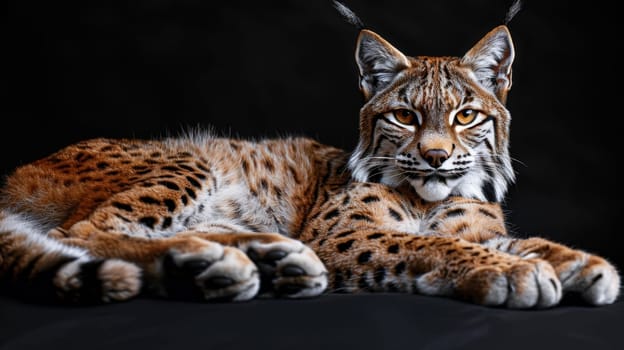 Portrait of a wild lynx forest cat on an isolated black background.