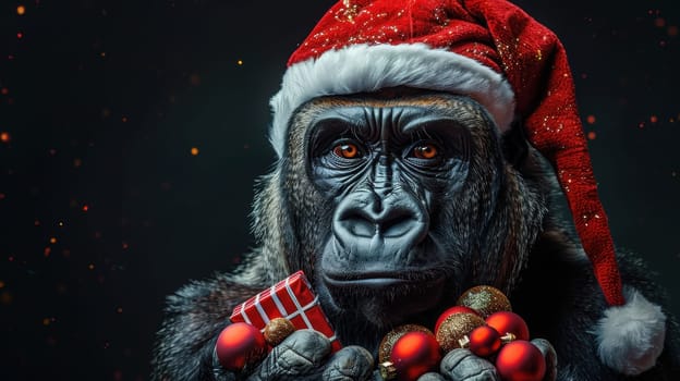 A Christmas gorilla in a Santa hat, on an isolated black background.