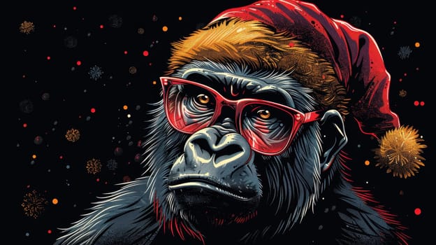 A Christmas gorilla in a Santa hat, on an isolated black background.