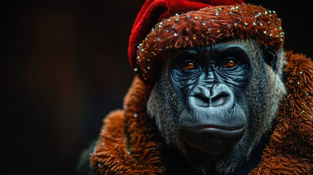 A Christmas gorilla in a Santa hat, on an isolated black background.