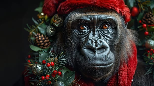 A Christmas gorilla in a Santa hat, on an isolated black background.
