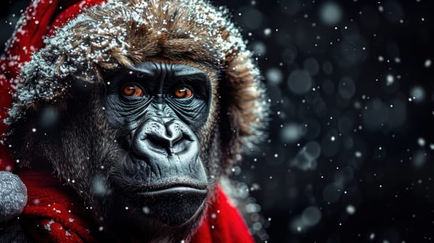 A Christmas gorilla in a Santa hat, on an isolated black background.