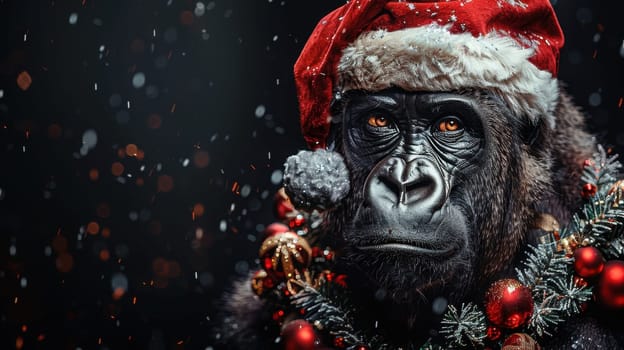 A Christmas gorilla in a Santa hat, on an isolated black background.