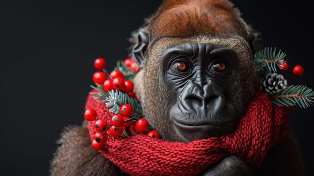 A Christmas gorilla in a Santa hat, on an isolated black background.