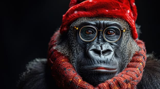 A Christmas gorilla in a Santa hat, on an isolated black background.