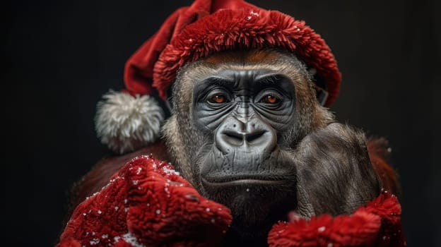 A Christmas gorilla in a Santa hat, on an isolated black background.