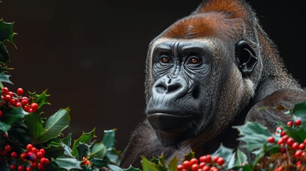 A Christmas gorilla in a Santa hat, on an isolated black background.