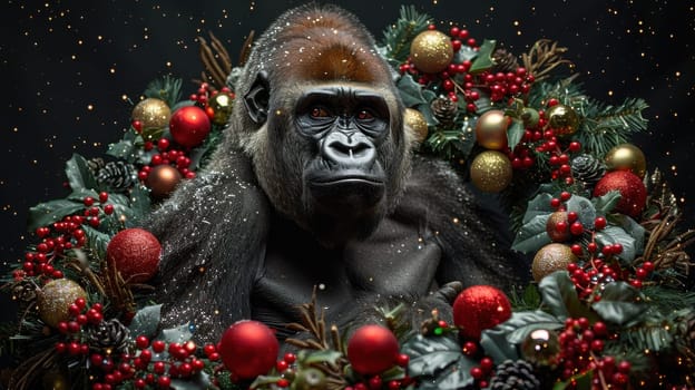A Christmas gorilla in a Santa hat, on an isolated black background.
