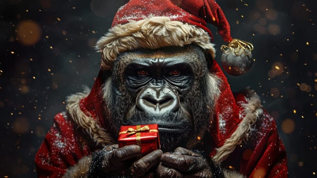 A Christmas gorilla in a Santa hat, on an isolated black background.