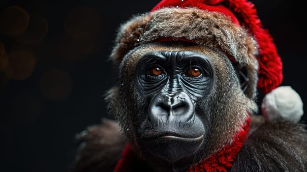 A Christmas gorilla in a Santa hat, on an isolated black background.