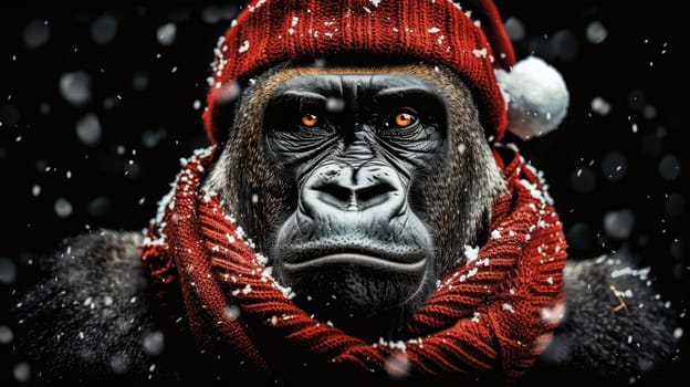 A Christmas gorilla in a Santa hat, on an isolated black background.