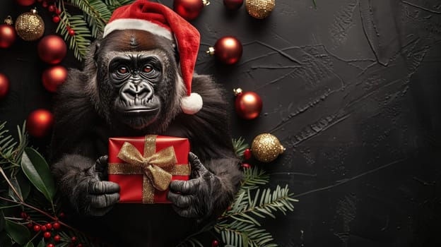 A Christmas gorilla in a Santa hat, on an isolated black background.