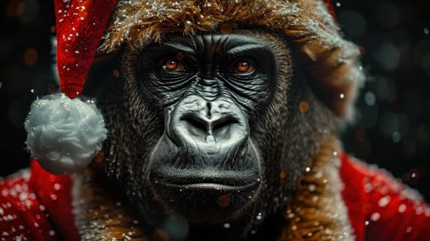 A Christmas gorilla in a Santa hat, on an isolated black background.