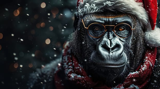 A Christmas gorilla in a Santa hat, on an isolated black background.