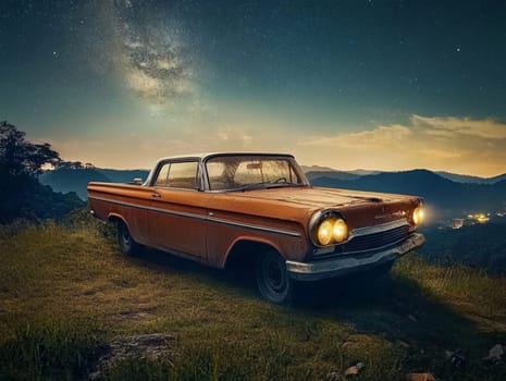 An old, rusted car sits alone on a hillside, surrounded by nature. The vibrant twilight sky is filled with stars, creating a stunning contrast with the vehicle's decay.