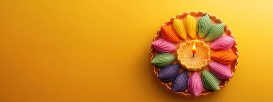 Colorful Diwali candles on yellow background with copy space