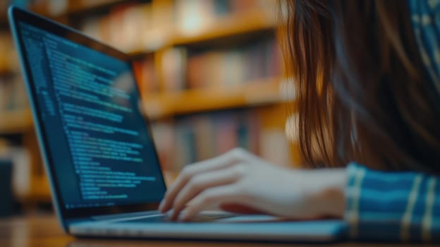 Close up Hands Typing Code on Laptop in Library Setting